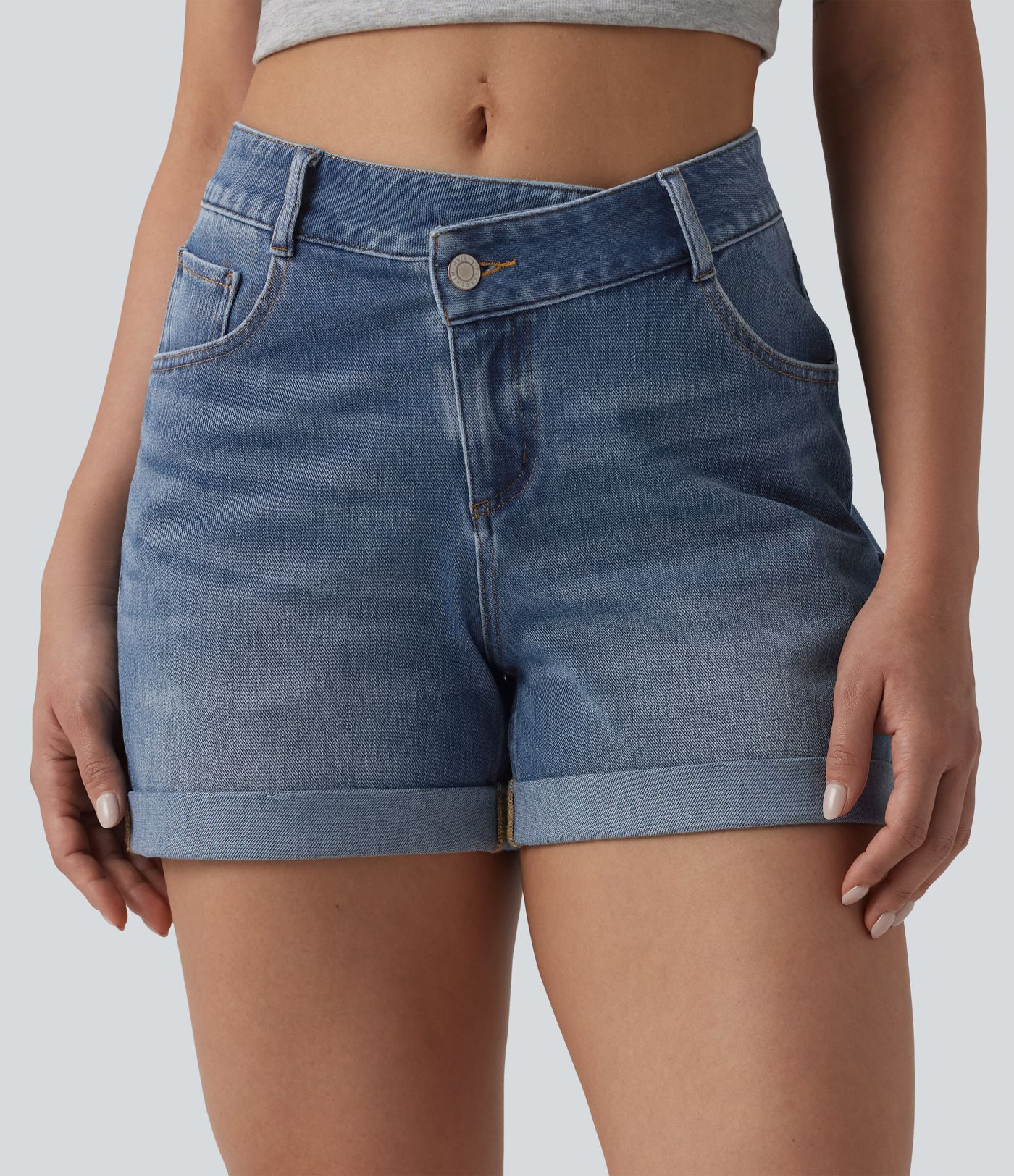 Halara Flex™ Asymmetric High Waisted Rolled Hem Washed Denim Casual Shorts with Pockets