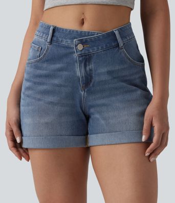 Halara Flex™ Asymmetric High Waisted Rolled Hem Washed Denim Casual Shorts with Pockets