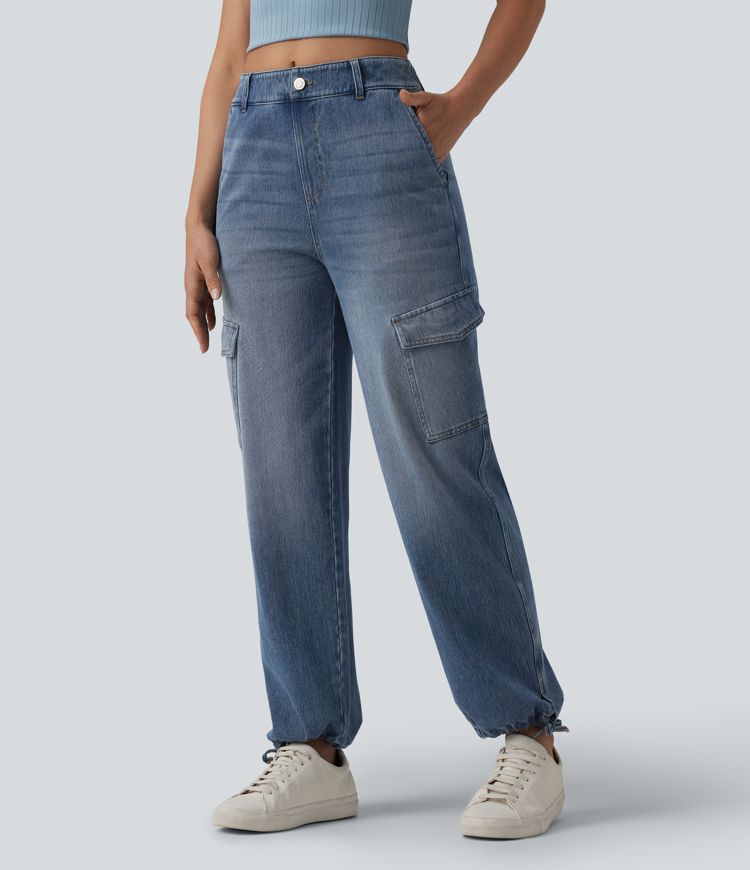Halara Flex™ mittler Leibhöhe – gewaschene, lässige Cargo-Jeans mit Taschen