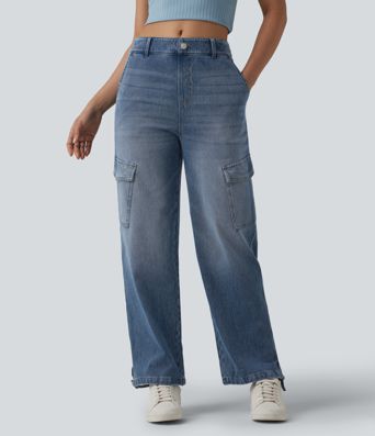 Halara Flex™ mittler Leibhöhe – gewaschene, lässige Cargo-Jeans mit Taschen