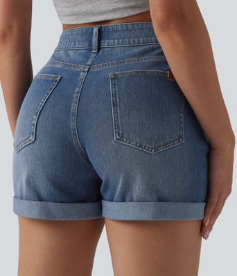 Halara Flex™ Asymmetric High Waisted Rolled Hem Washed Denim Casual Shorts with Pockets