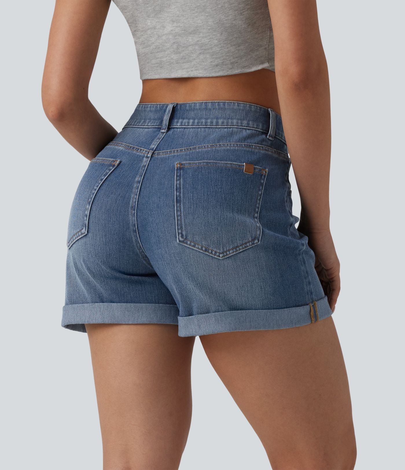 Halara Flex™ Asymmetric High Waisted Rolled Hem Washed Denim Casual Shorts with Pockets