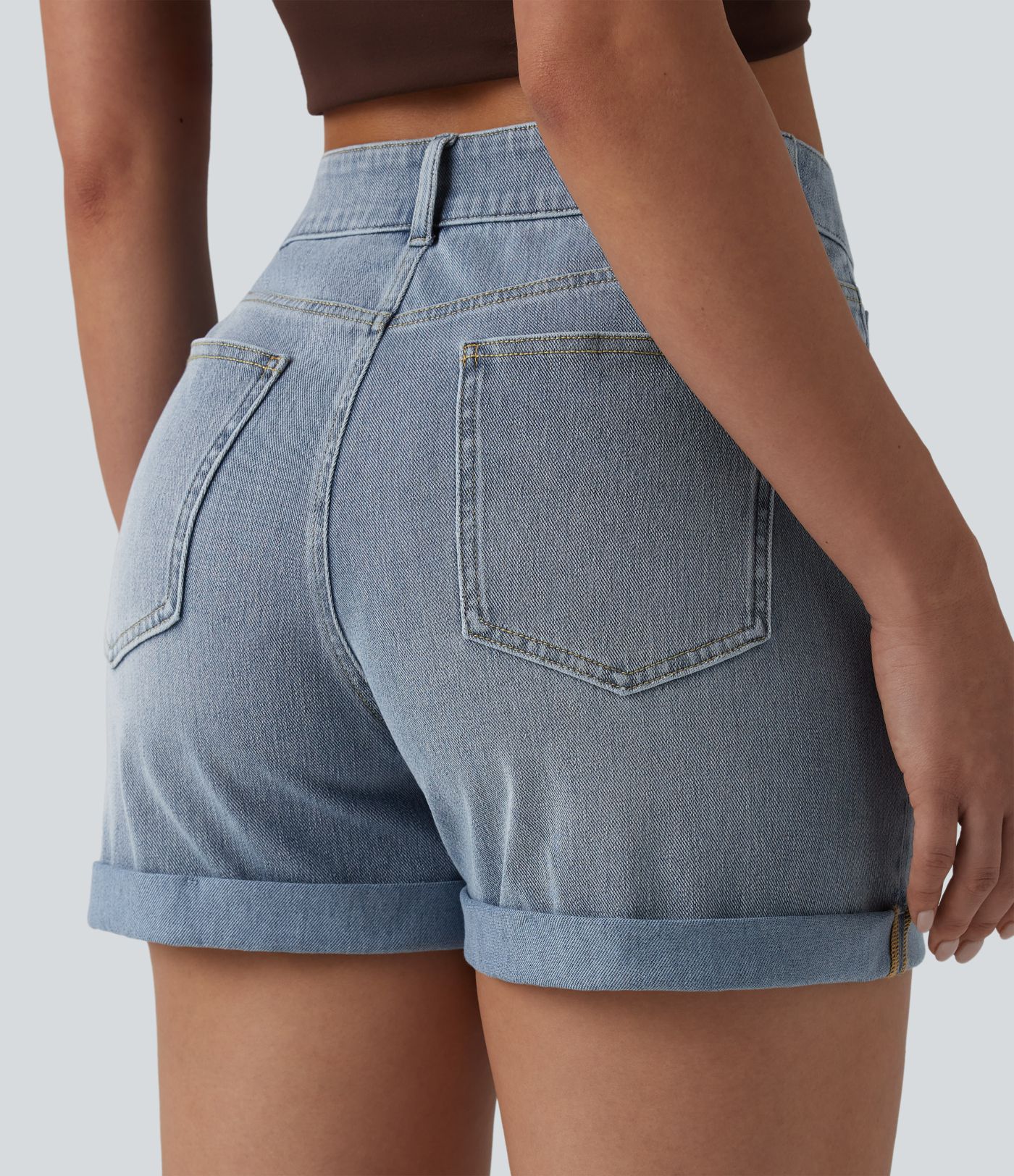 Short denim décontracté Halara Flex™ asymétrique délavé taille haute ourlet roulotté avec poches