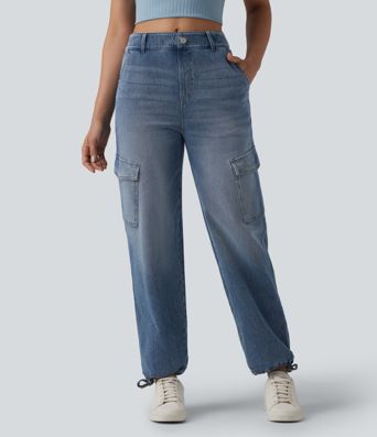 Halara Flex™ mittler Leibhöhe – gewaschene, lässige Cargo-Jeans mit Taschen