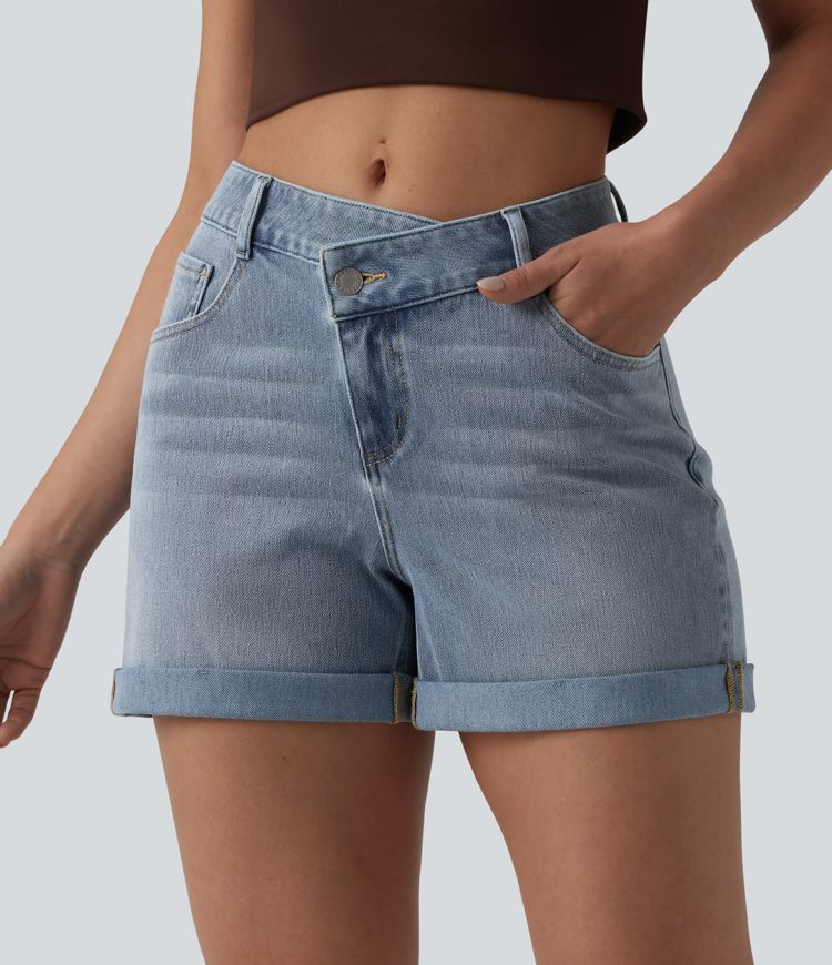 Short denim décontracté Halara Flex™ asymétrique délavé taille haute ourlet roulotté avec poches