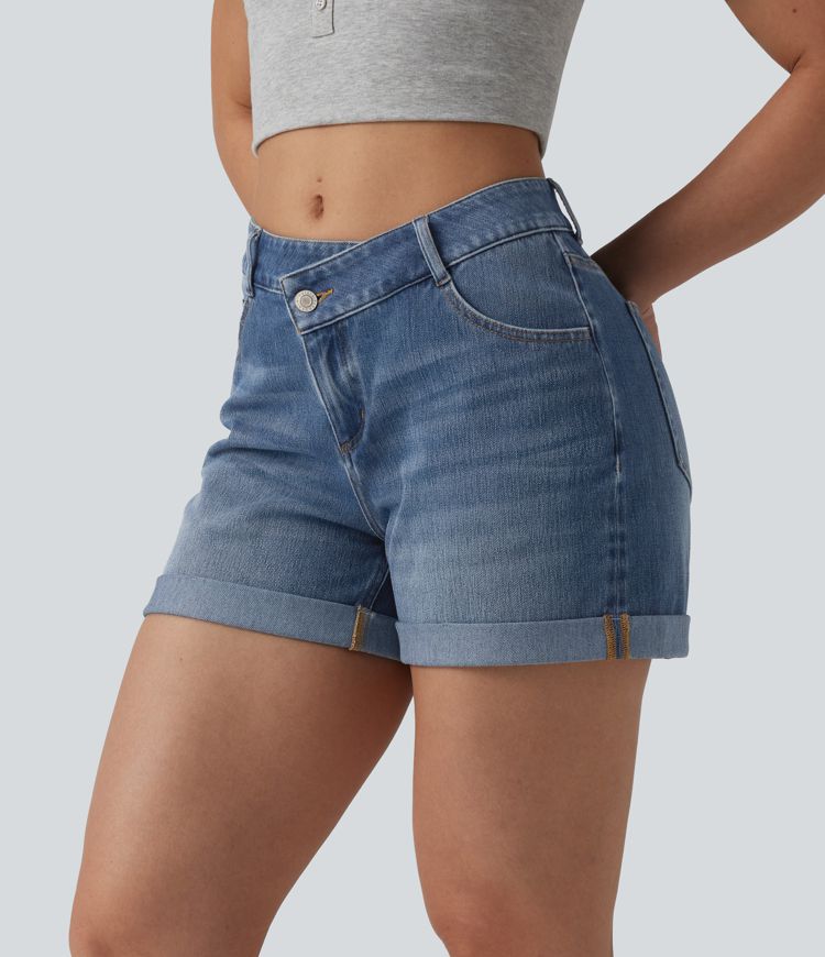 Halara Flex™ Asymmetric High Waisted Rolled Hem Washed Denim Casual Shorts with Pockets