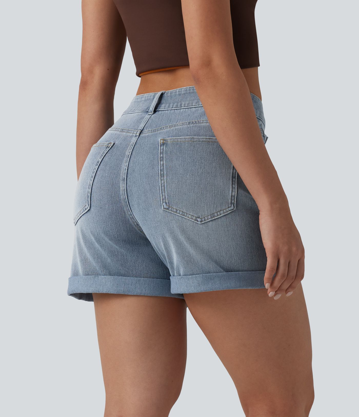 Short denim décontracté Halara Flex™ asymétrique délavé taille haute ourlet roulotté avec poches