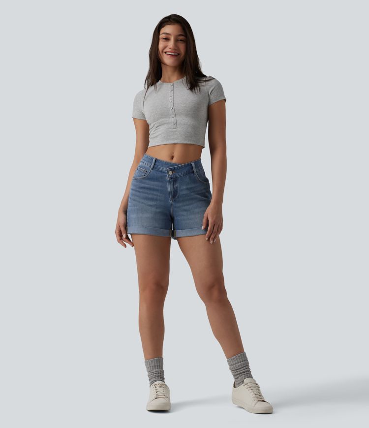 Halara Flex™ Asymmetric High Waisted Rolled Hem Washed Denim Casual Shorts with Pockets