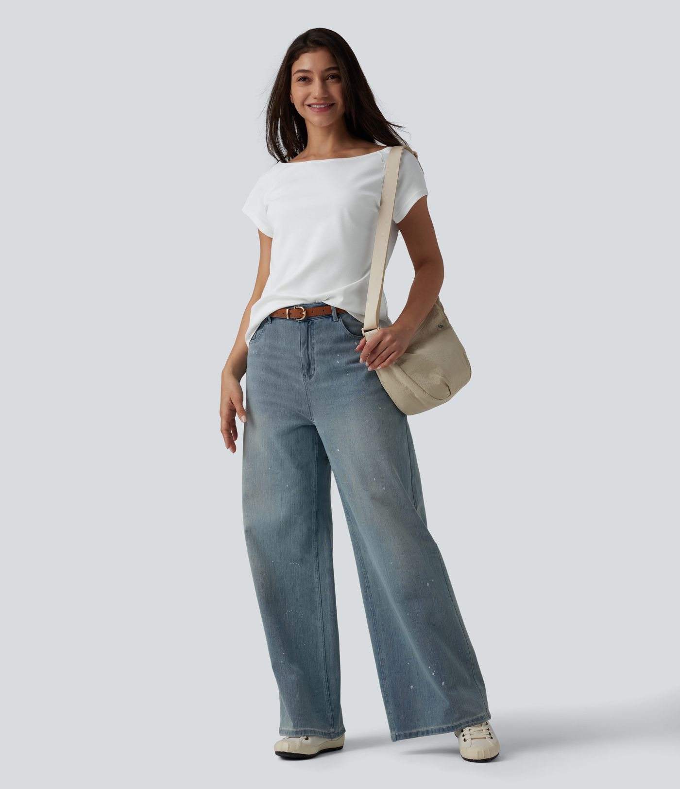 Stuttermabolur úr bómull með bátahálsi og stuttum ermum, fyrir hversdagslegt not