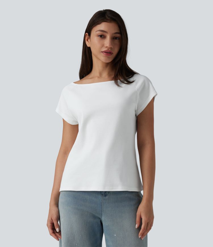 Stuttermabolur úr bómull með bátahálsi og stuttum ermum, fyrir hversdagslegt not