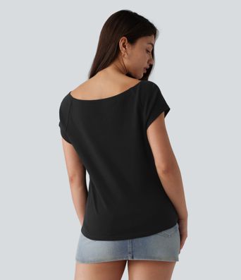 Boat Neck Short Sleeve Casual Pima Cotton T-Shirt