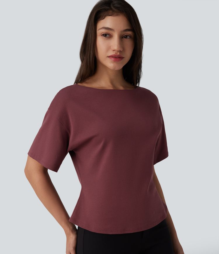 Boat Neck Short Sleeve Work Pima Cotton T-Shirt