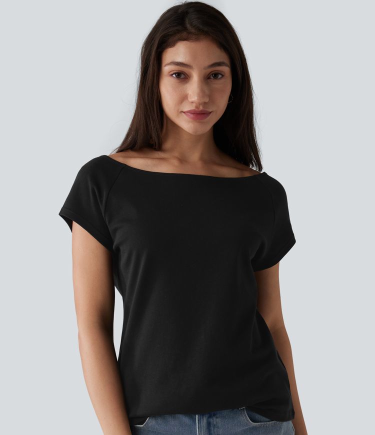 Boat Neck Short Sleeve Casual Pima Cotton T-Shirt