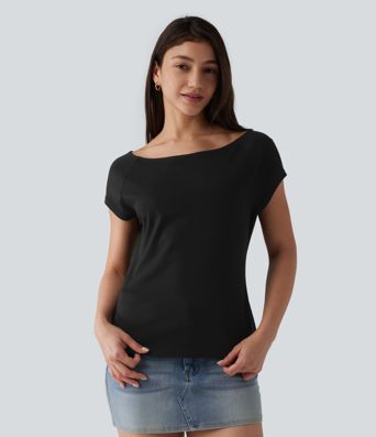 Boat Neck Short Sleeve Casual Pima Cotton T-Shirt