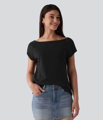 Boat Neck Short Sleeve Casual Pima Cotton T-Shirt