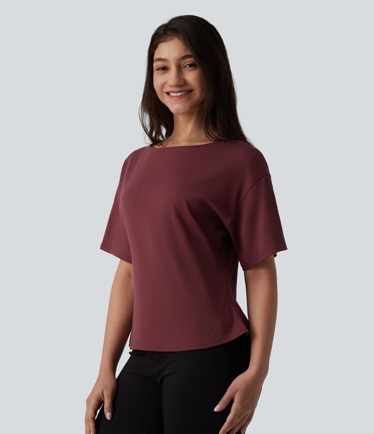 Boat Neck Short Sleeve Work Pima Cotton T-Shirt