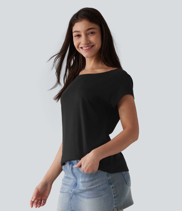 Boat Neck Short Sleeve Casual Pima Cotton T-Shirt