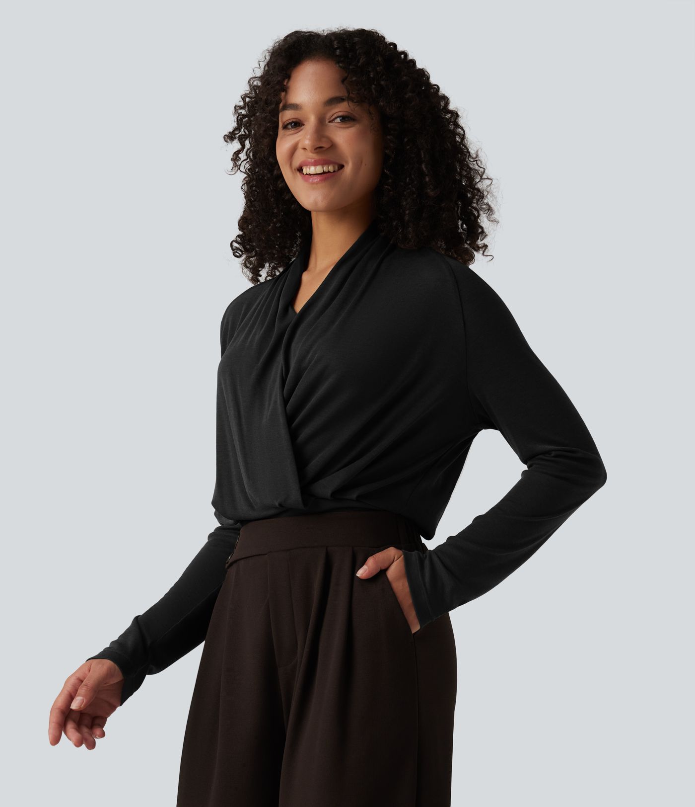 Deep V-neck Ruched Raglan Long Sleeve Work Wool-Blend Top