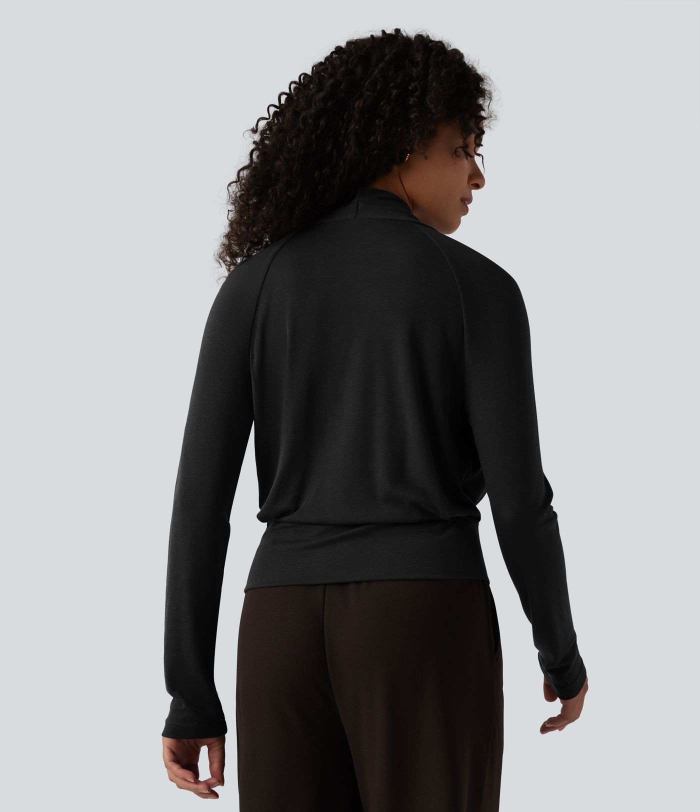 Deep V-neck Ruched Raglan Long Sleeve Work Wool-Blend Top