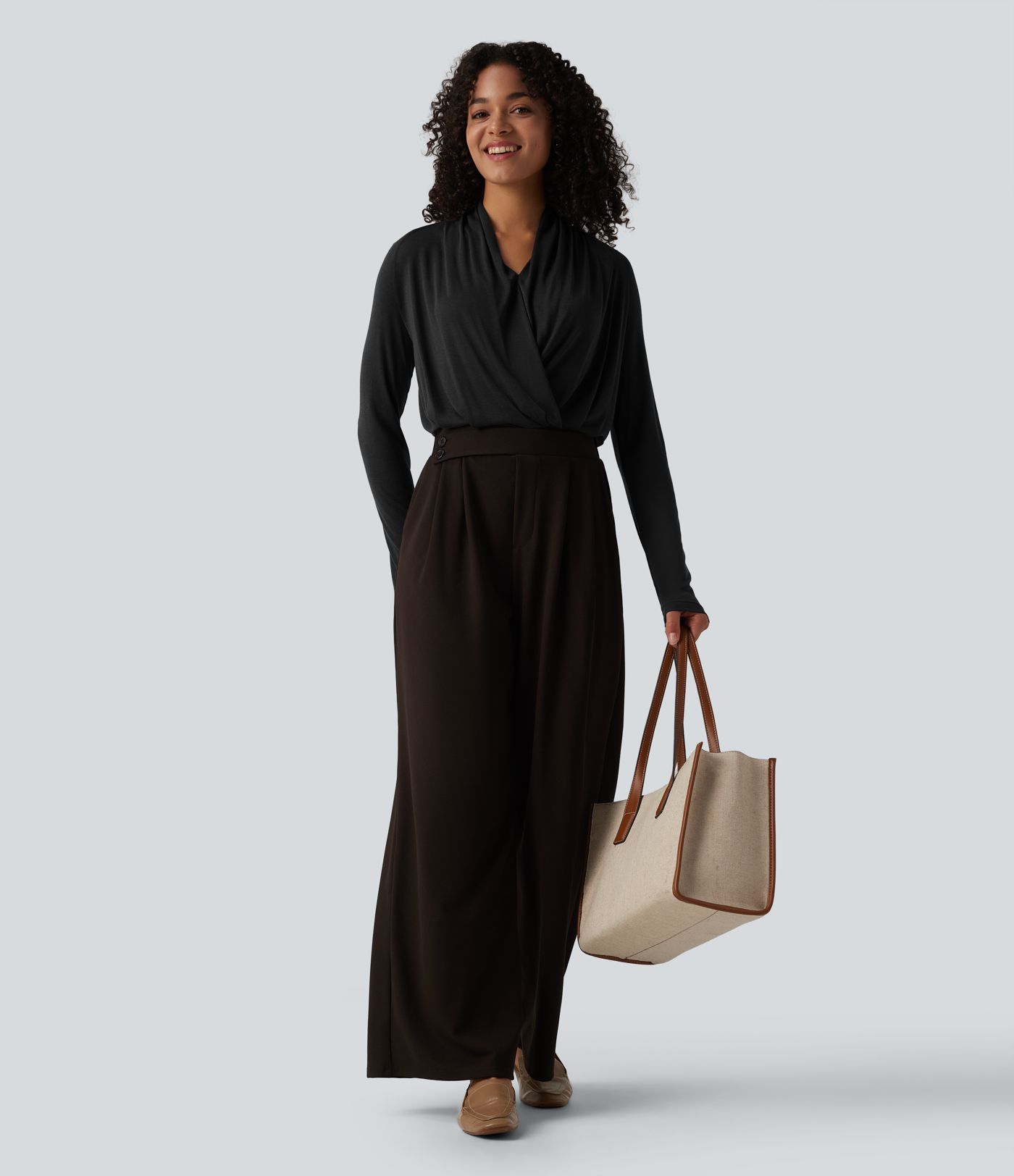 Deep V-neck Ruched Raglan Long Sleeve Work Wool-Blend Top