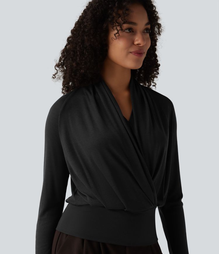 Deep V-neck Ruched Raglan Long Sleeve Work Wool-Blend Top