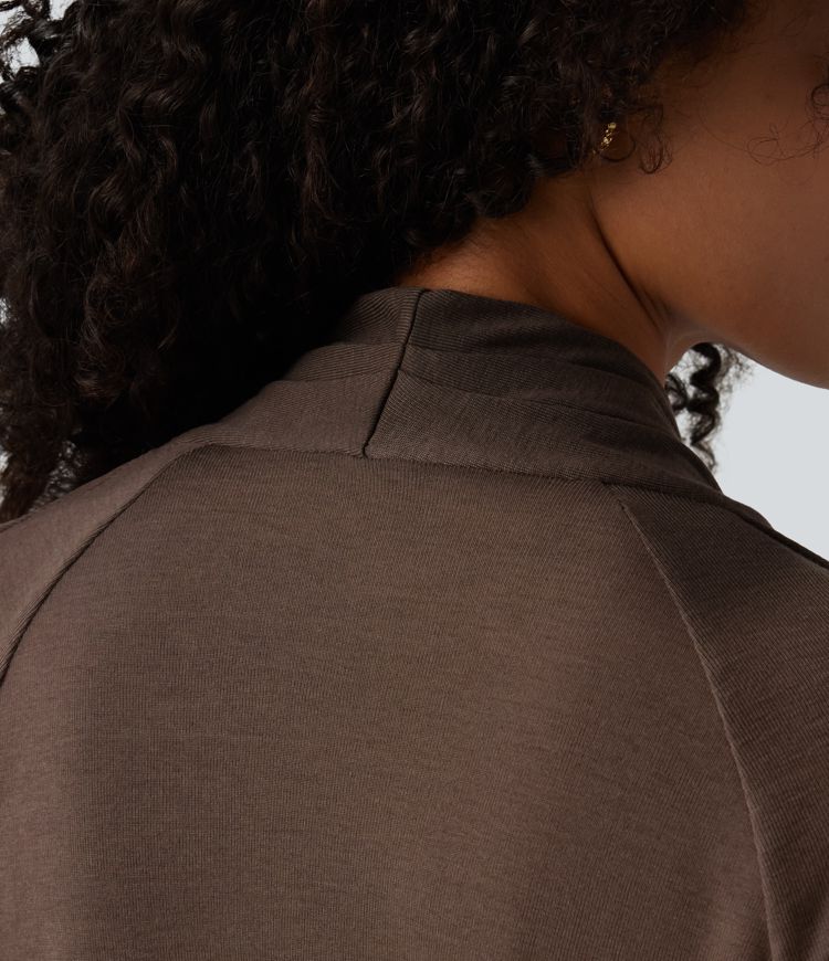 Deep V-neck Ruched Raglan Long Sleeve Work Wool-Blend Top