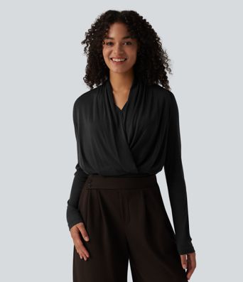 Deep V-neck Ruched Raglan Long Sleeve Work Wool-Blend Top