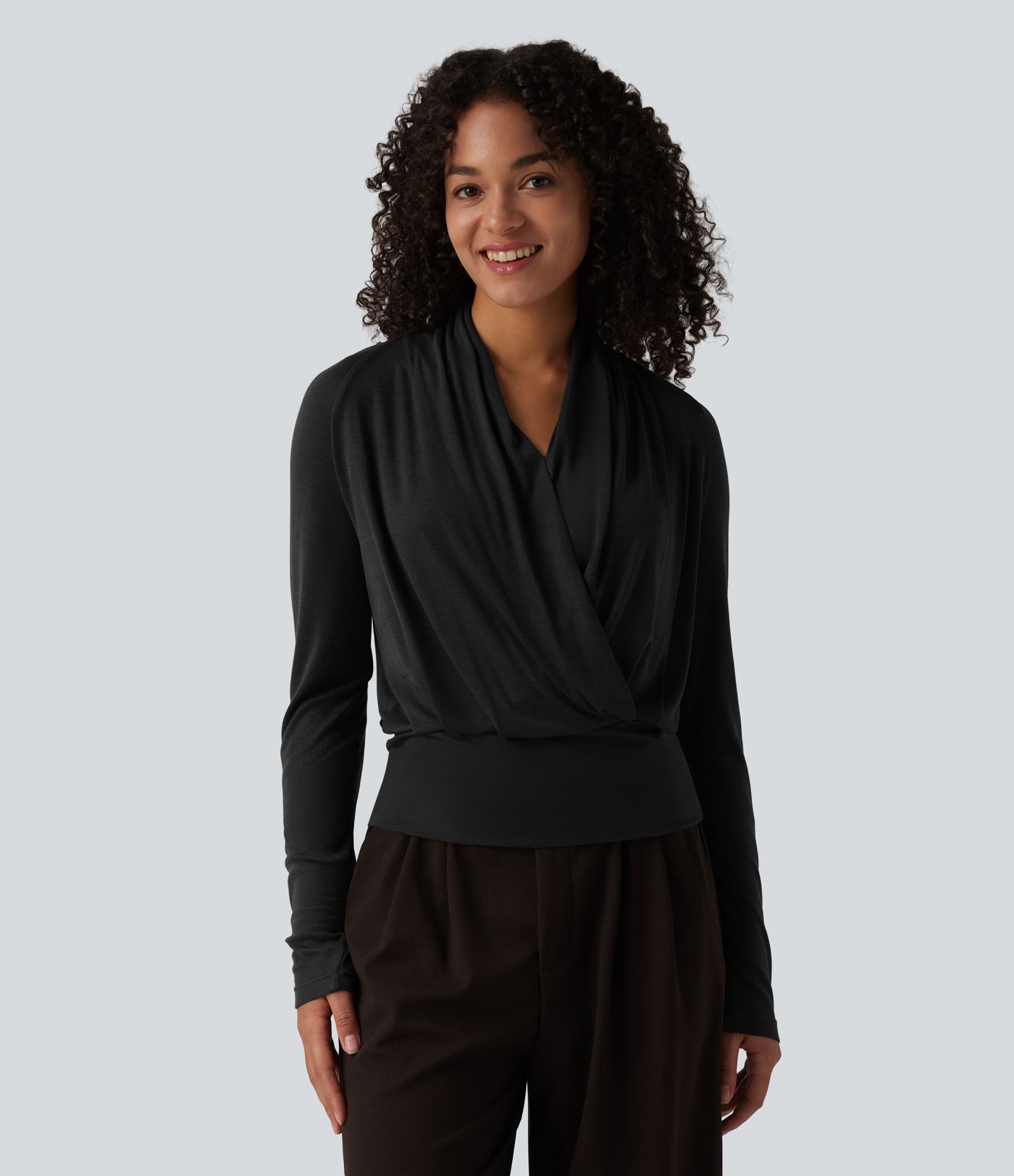 Deep V-neck Ruched Raglan Long Sleeve Work Wool-Blend Top