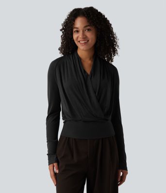 Deep V-neck Ruched Raglan Long Sleeve Work Wool-Blend Top