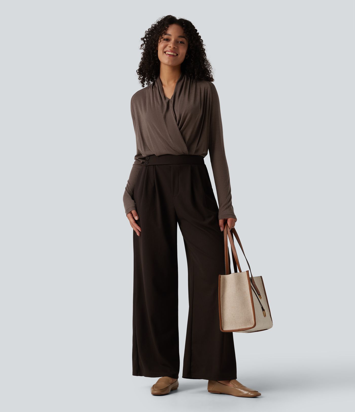 Deep V-neck Ruched Raglan Long Sleeve Work Wool-Blend Top