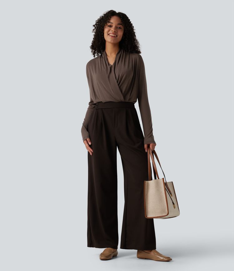 Deep V-neck Ruched Raglan Long Sleeve Work Wool-Blend Top