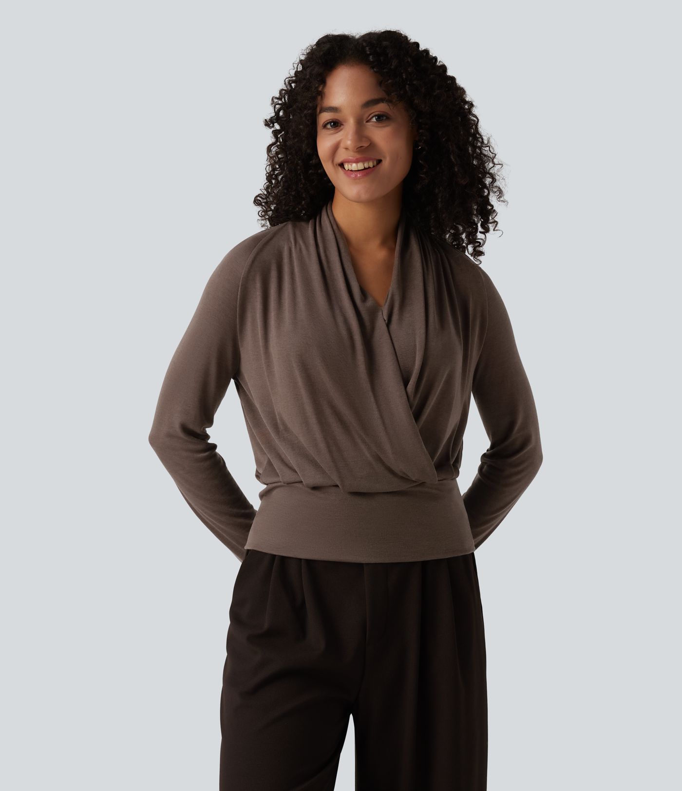 Deep V-neck Ruched Raglan Long Sleeve Work Wool-Blend Top