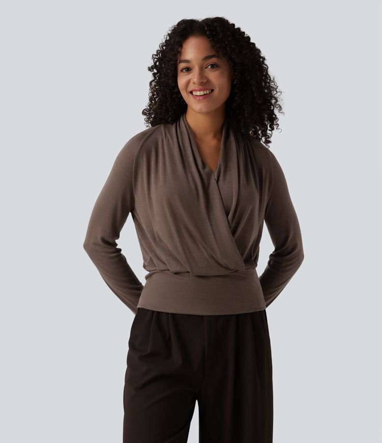 Deep V-neck Ruched Raglan Long Sleeve Work Wool-Blend Top