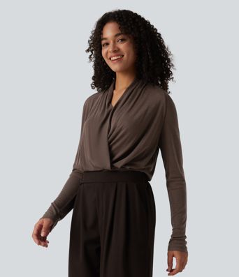 Deep V-neck Ruched Raglan Long Sleeve Work Wool-Blend Top