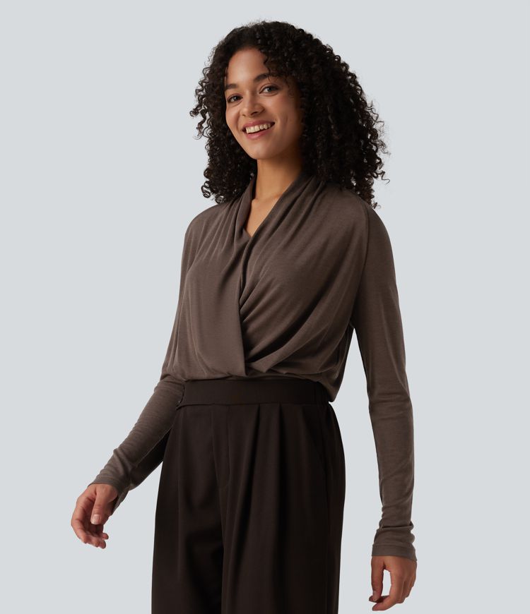 Deep V-neck Ruched Raglan Long Sleeve Work Wool-Blend Top