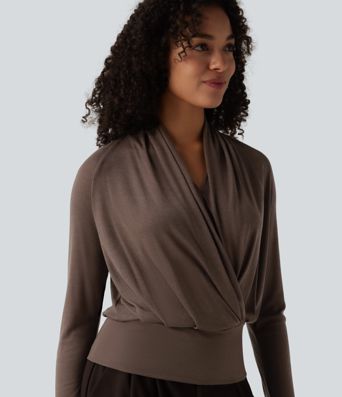 Deep V-neck Ruched Raglan Long Sleeve Work Wool-Blend Top