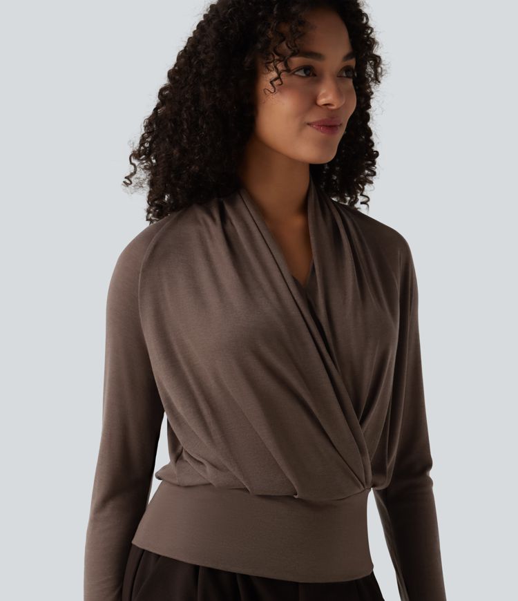 Deep V-neck Ruched Raglan Long Sleeve Work Wool-Blend Top