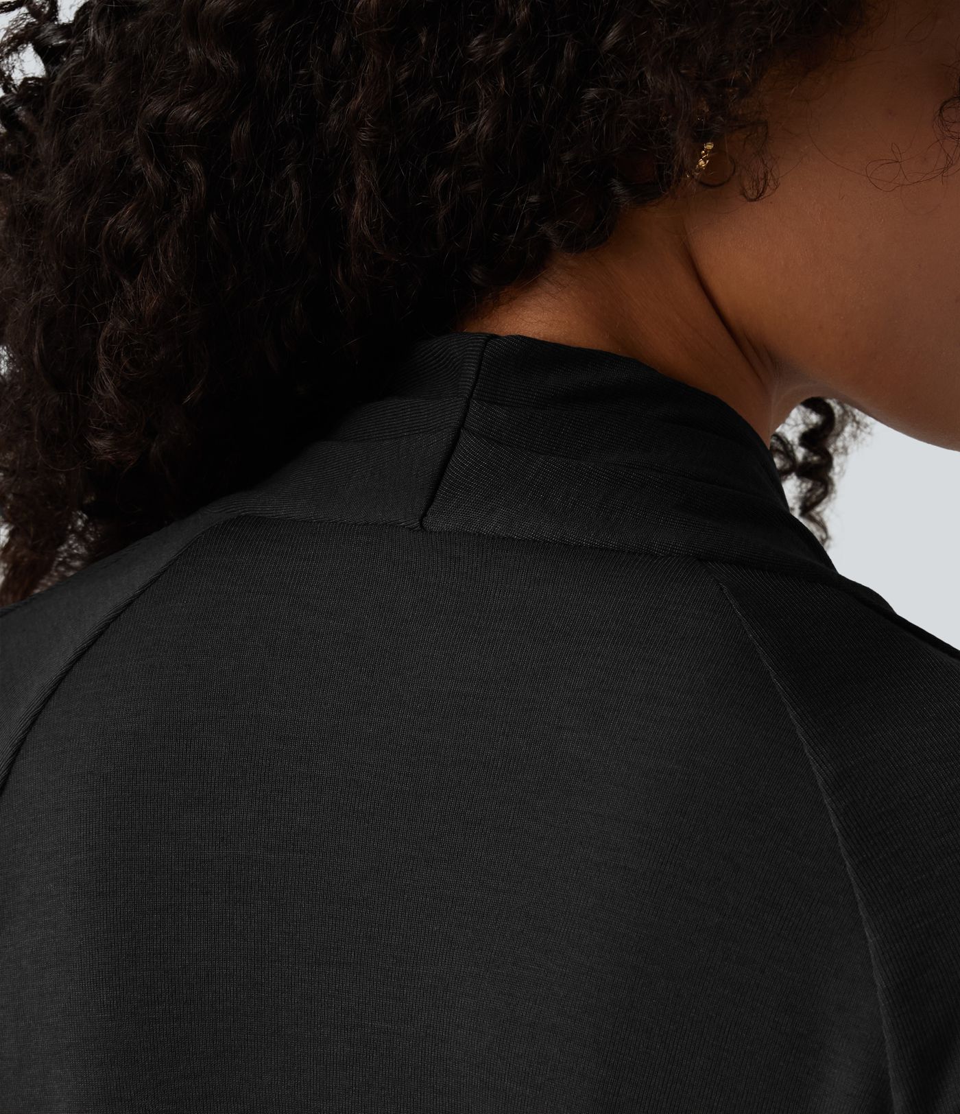 Deep V-neck Ruched Raglan Long Sleeve Work Wool-Blend Top