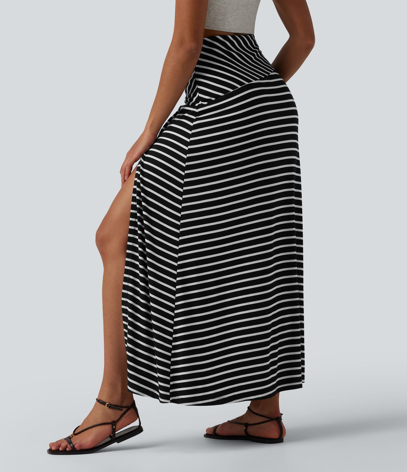 Ribbed Knit High Waisted Tummy Control Stripe Maxi Casual Skirt