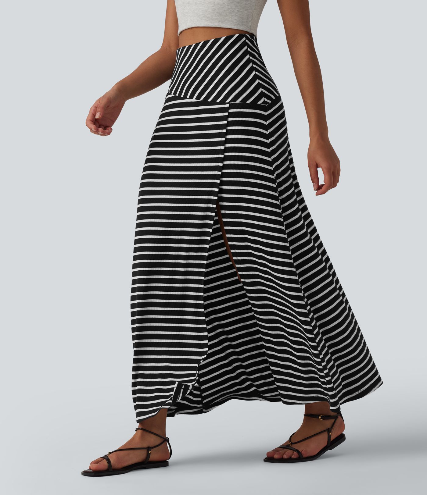 Ribbed Knit High Waisted Tummy Control Stripe Maxi Casual Skirt