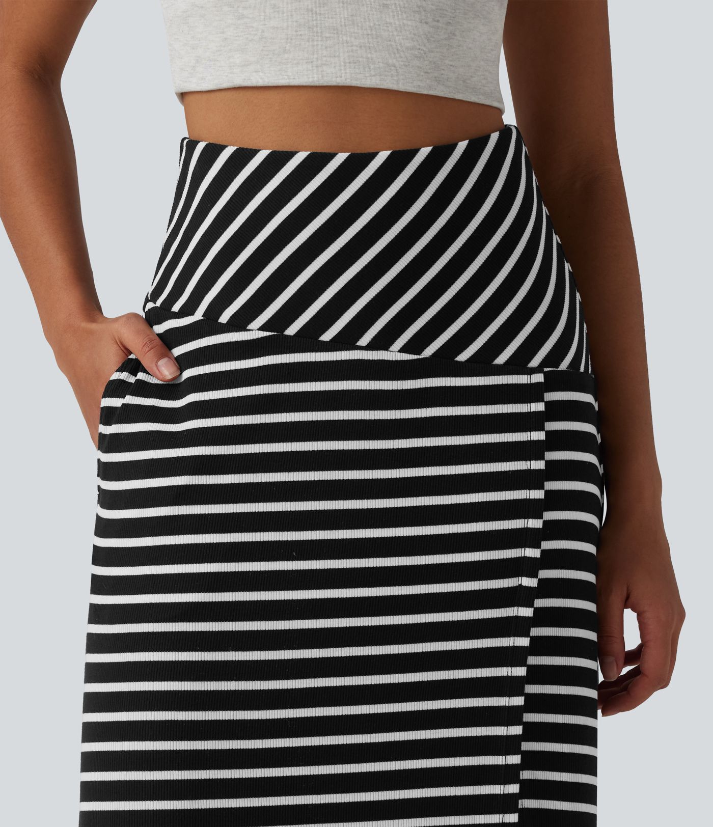 Ribbed Knit High Waisted Tummy Control Stripe Maxi Casual Skirt