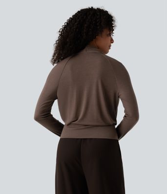 Deep V-neck Ruched Raglan Long Sleeve Work Wool-Blend Top