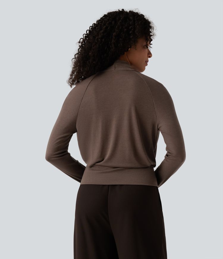 Deep V-neck Ruched Raglan Long Sleeve Work Wool-Blend Top