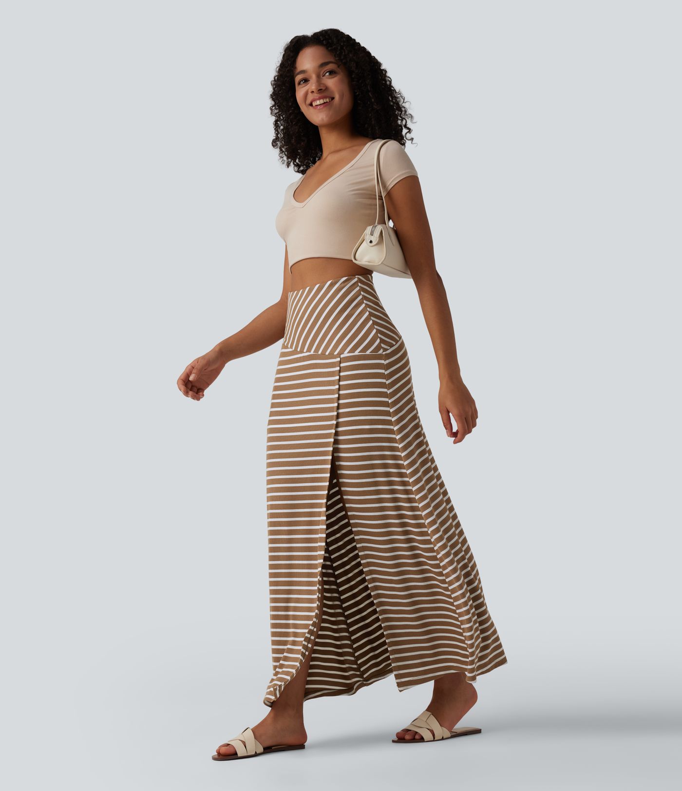 Ribbed Knit High Waisted Tummy Control Stripe Maxi Casual Skirt