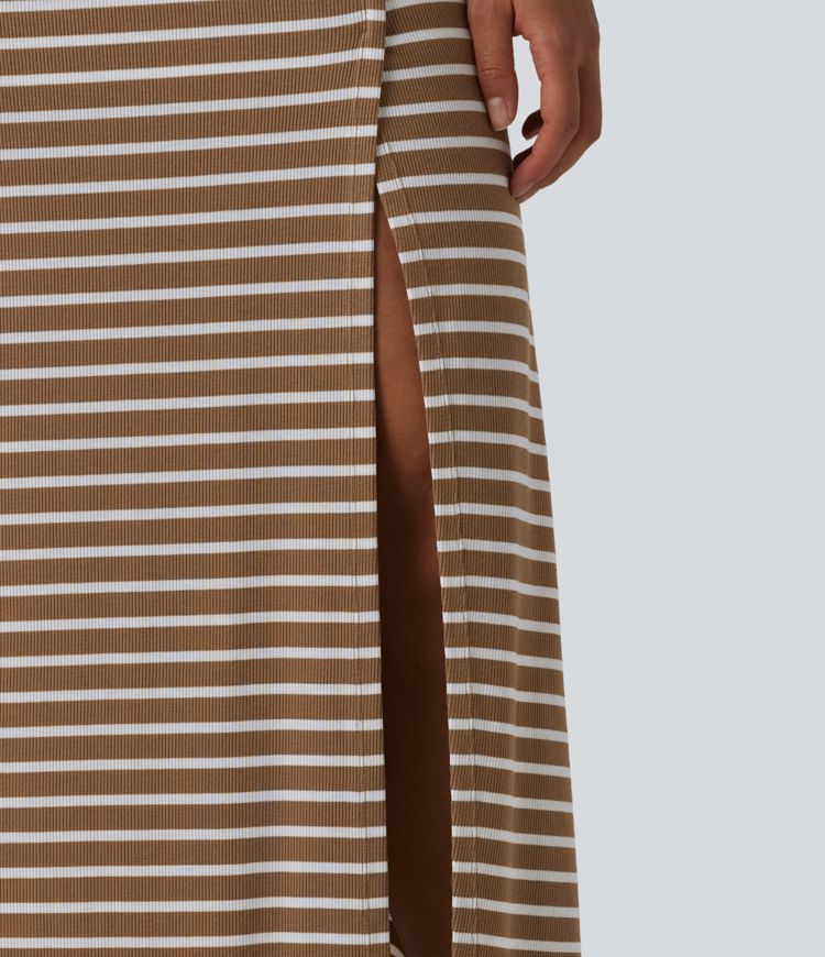 Ribbed Knit High Waisted Tummy Control Stripe Maxi Casual Skirt