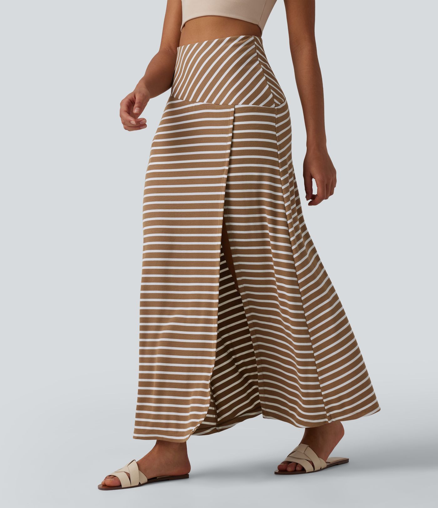 Ribbed Knit High Waisted Tummy Control Stripe Maxi Casual Skirt
