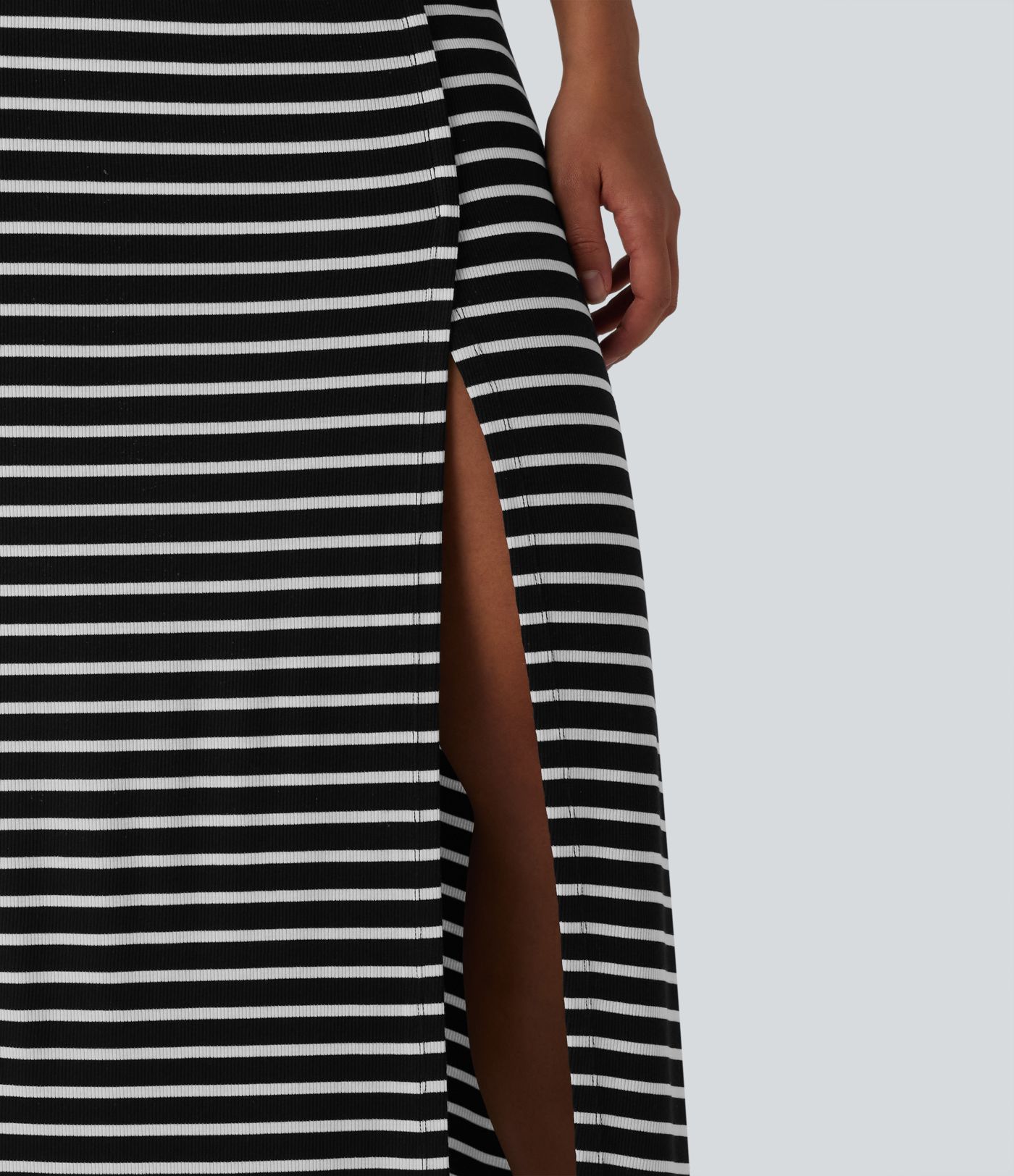 Ribbed Knit High Waisted Tummy Control Stripe Maxi Casual Skirt