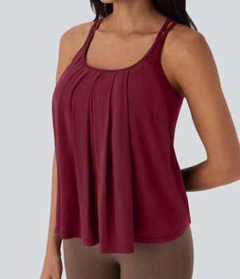 Double Straps Pleated Quick Dry Yoga Cami Top D-F Cups