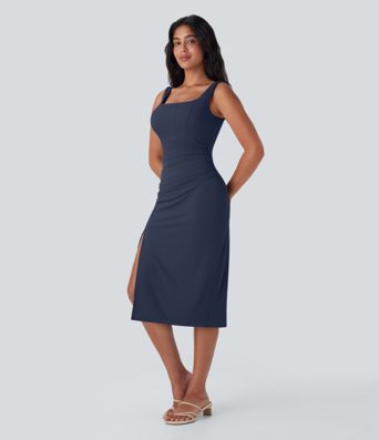 SoftlyZero™ Airy Square Neck Corset Ruched Bodycon Midi  Dress D-F Cups