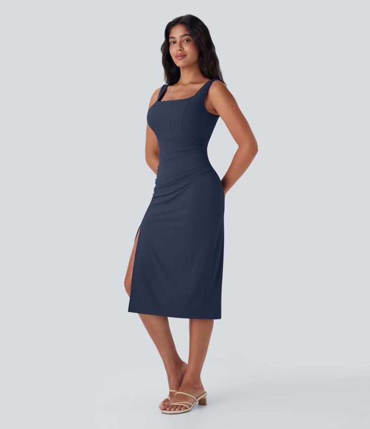 SoftlyZero™ Airy Square Neck Corset Ruched Bodycon Midi  Dress D-F Cups